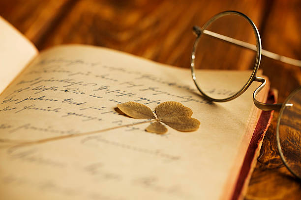 Vintage Poetry. Antique eyeglasses on old German Poesie book, wooden table. Close-up.The grain and texture added. Selective focus. Very shallow depth of field for soft background.