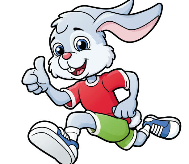 Illustration of the smiling rabbit jogging. White background.